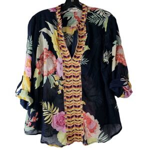 Magazine Women's M Blue Pink Tunic Floral Embroidered Top Artsy Boho Roll Sleeve